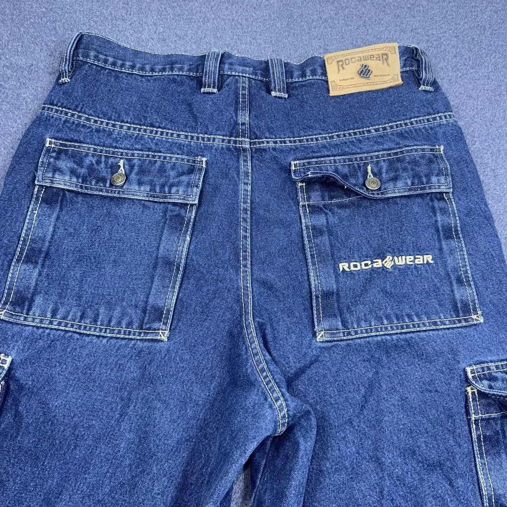 Y2K Rocawear Denim Cargo Shorts Mens 36 Blue Baggy Hip Hop Skate Jorts Grunge